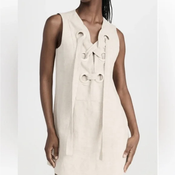 ENGLISH FACTORY Lace Up Mini Dress Sand Beige Sleeveless Linen Cotton - Picture 4 of 14